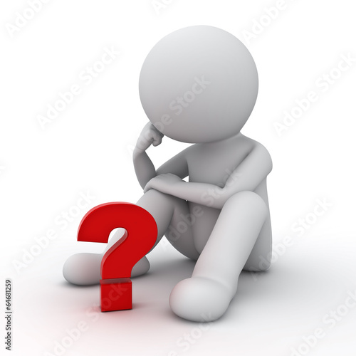3d man sitting and thinking with red question mark on white
