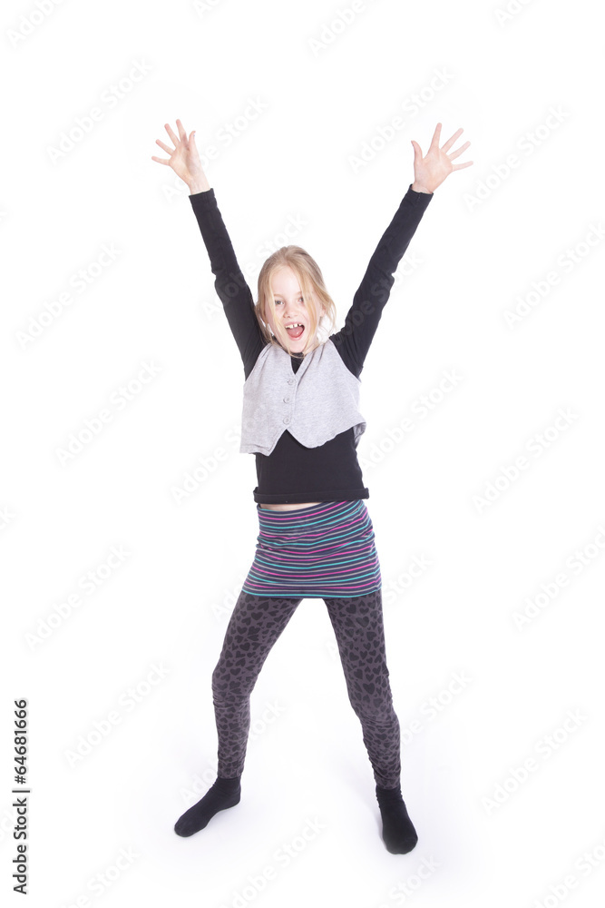 young blond girl cheering with raised arms in studio young blond girl cheering with raised arms in studio