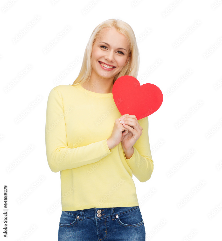 smiling woman with red heart smiling woman with red heart