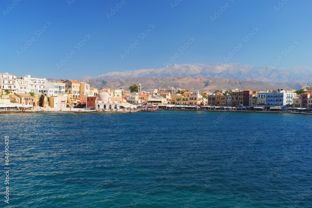View of the old port of Chania and mountains, Crete