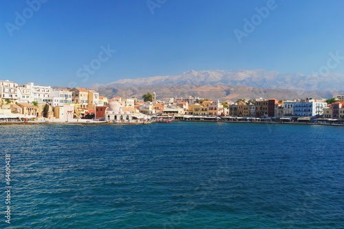 View of the old port of Chania and mountains, Crete