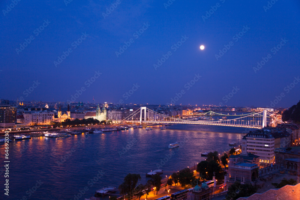 Megyeri Bridge at night panorama view in Budapest
