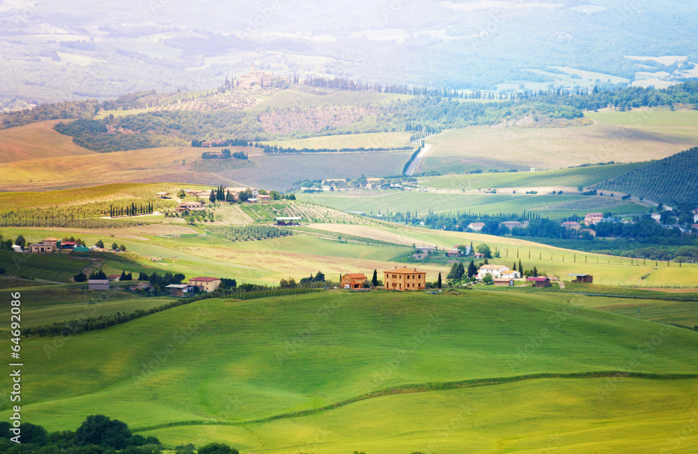 Top view on village in Tuscany landscape, Italy