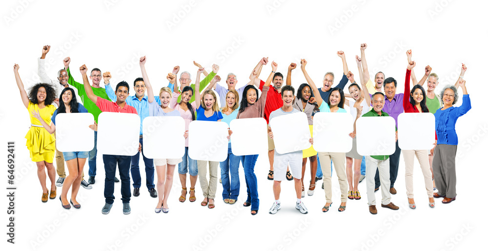 Obraz premium Multiethnic People Holding 9 Empty Placards