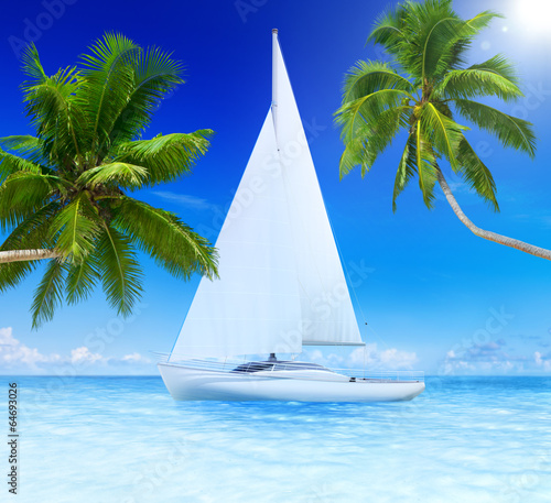 Yacht Sailing in a Sea with Coconut Palm Trees