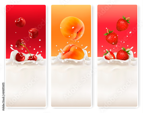 Three fruit and milk labels. Vector.