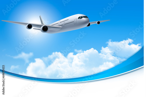 Travel background with an airplane and white clouds. Vector.