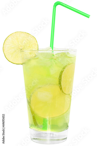 Lemonade with lime and ice cubes