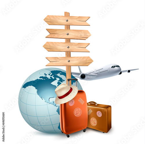 Two travel suitcases, a plane, a globe and a direction sign. Vec