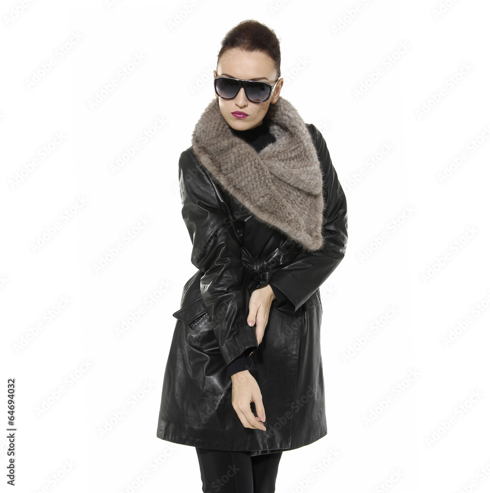 photo of sexual beautiful girl is in black coat fashion style photo of sexual beautiful girl is in black coat fashion style