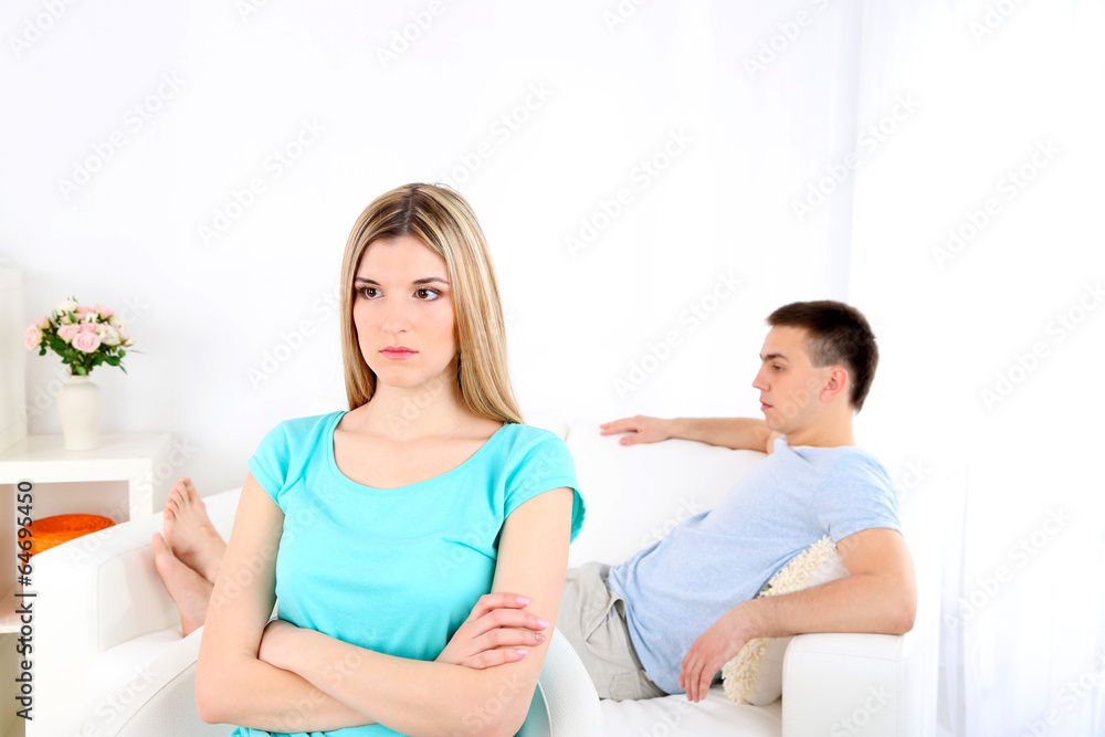 Portrait of young man and woman conflict sitting Portrait of young man and woman conflict sitting