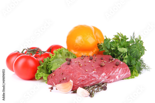 Raw beef meat with vegetables and spices isolated on white