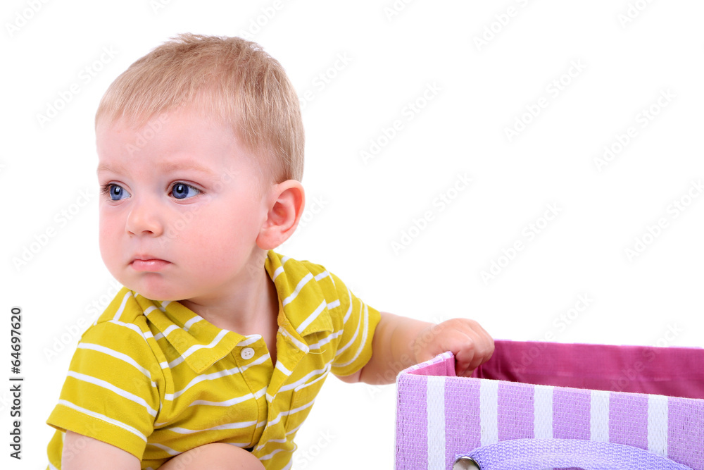 Cute little boy with textile box isolated on white