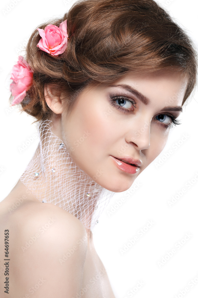 Fototapeta premium Beautiful girl, isolated on a white, emotions, cosmetics