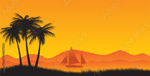 Three palm trees against the ocean and the yacht