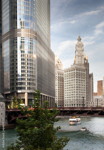 Skyscraper at waterfront, La Salle Street Bridge, Wrigley Buildi