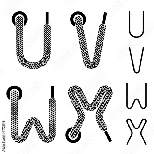 vector shoe lace alphabet letters U V W X