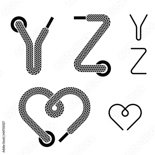 vector shoe lace alphabet letters Y Z heart