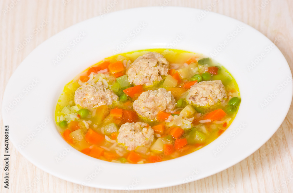 Soup with meatballs, rice and vegetables Soup with meatballs, rice and vegetables