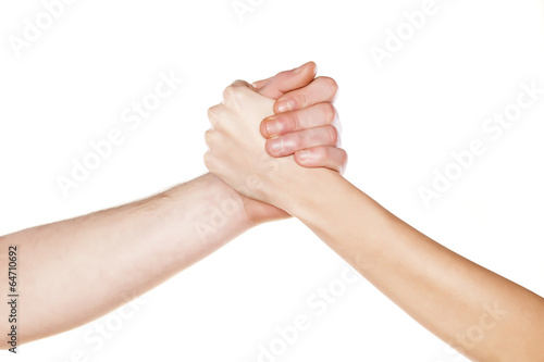 male and female arm wrestling on the white background © vladimirfloyd