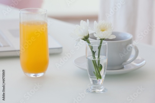 White flower in a vase with coffee and orange juice on table