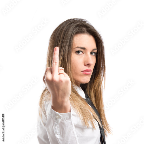 Wallpaper Mural young businesswoman making horn gesture over white background Torontodigital.ca