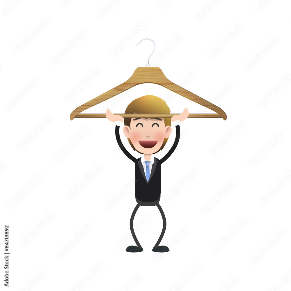 Businessman with wooden hanger over white background Businessman with wooden hanger over white background