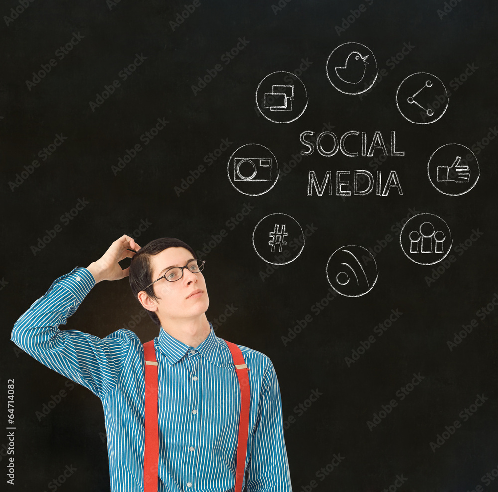Nerd geek businessman with social media icons