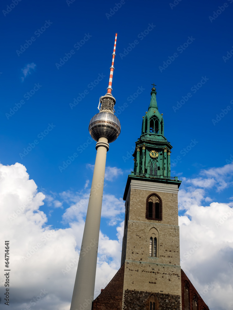 View of Tv Tower of Berlin with Maria church - Germany