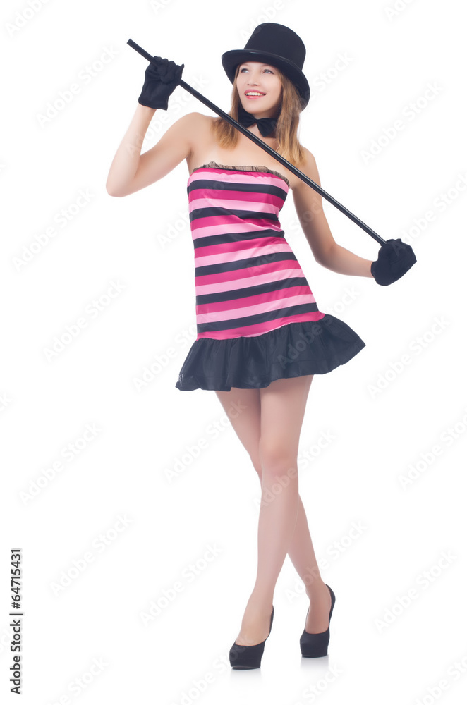 Young pretty woman dancing with walking stick isolated on white Young pretty woman dancing with walking stick isolated on white