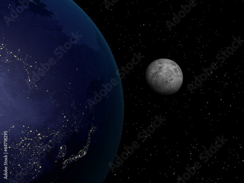 Wallpaper Mural 3D rendering Earth and  Moon in the night, high resolution Torontodigital.ca