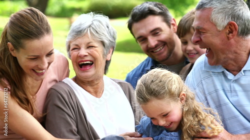 Extended family relaxing in the park together with the dog