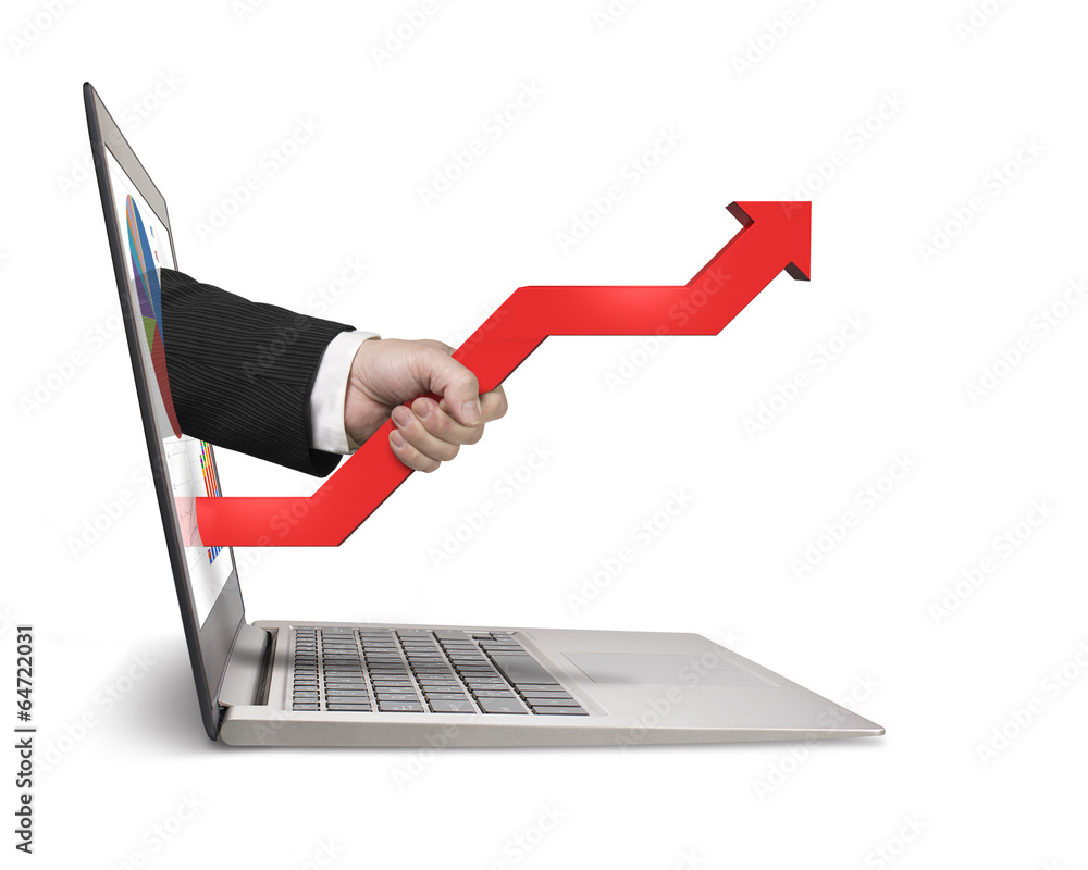 Hand holding red arrow outstretch from screen Hand holding red arrow outstretch from screen