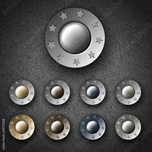 Set of сolorful metal button with inscription jeans, on denim