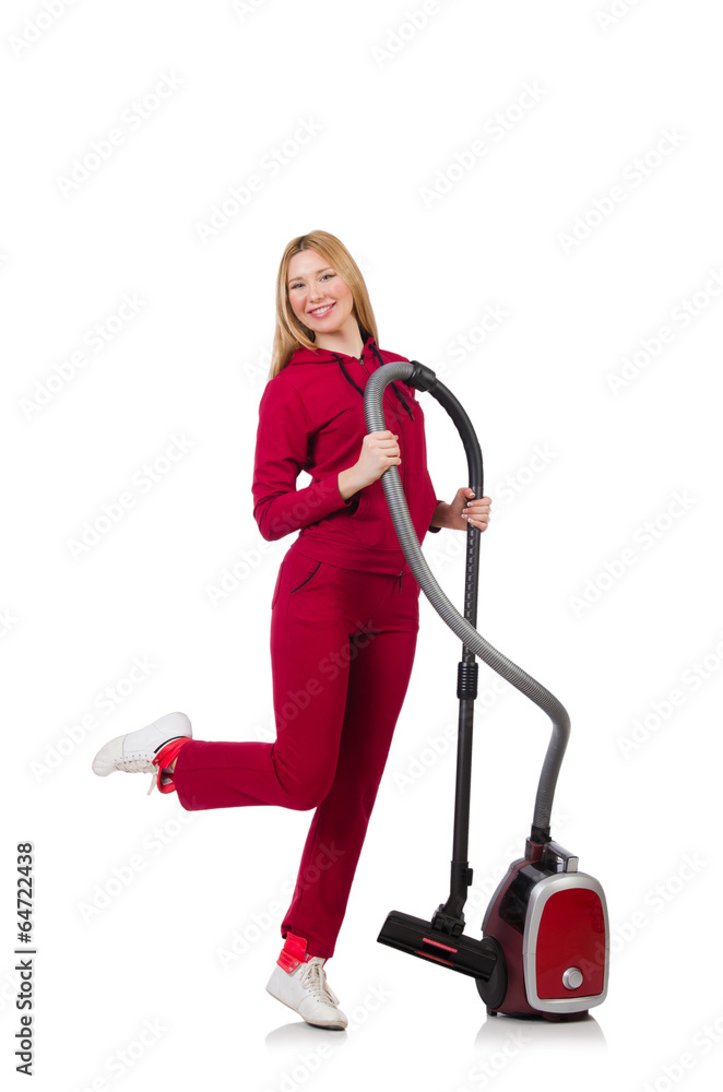 Young woman with vacuum cleaner on white Young woman with vacuum cleaner on white