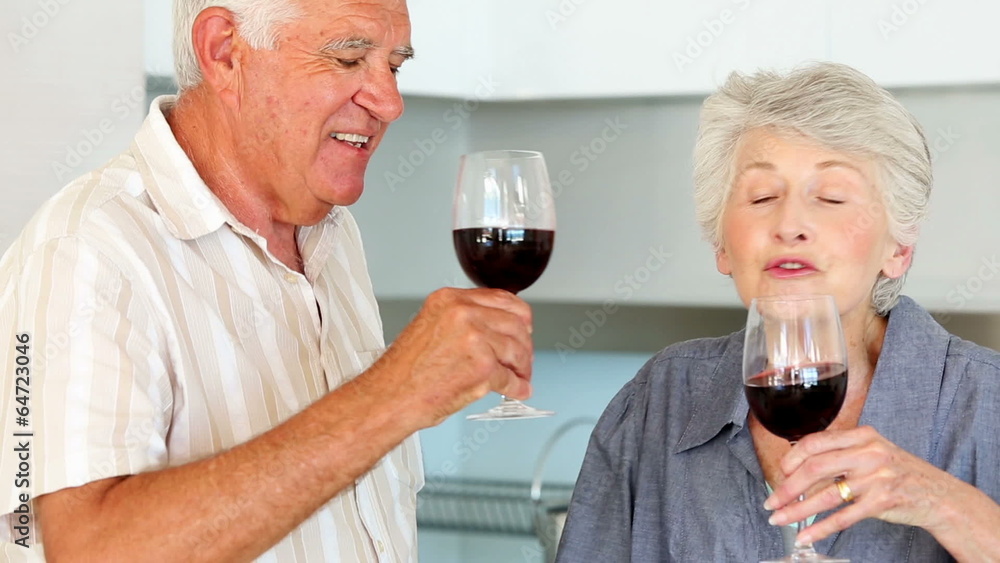 Senior couple preparing a healthy salad while drinking red wine Senior couple preparing a healthy salad while drinking red wine