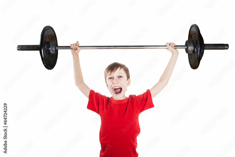 Funny strong child superhero holding very big weight