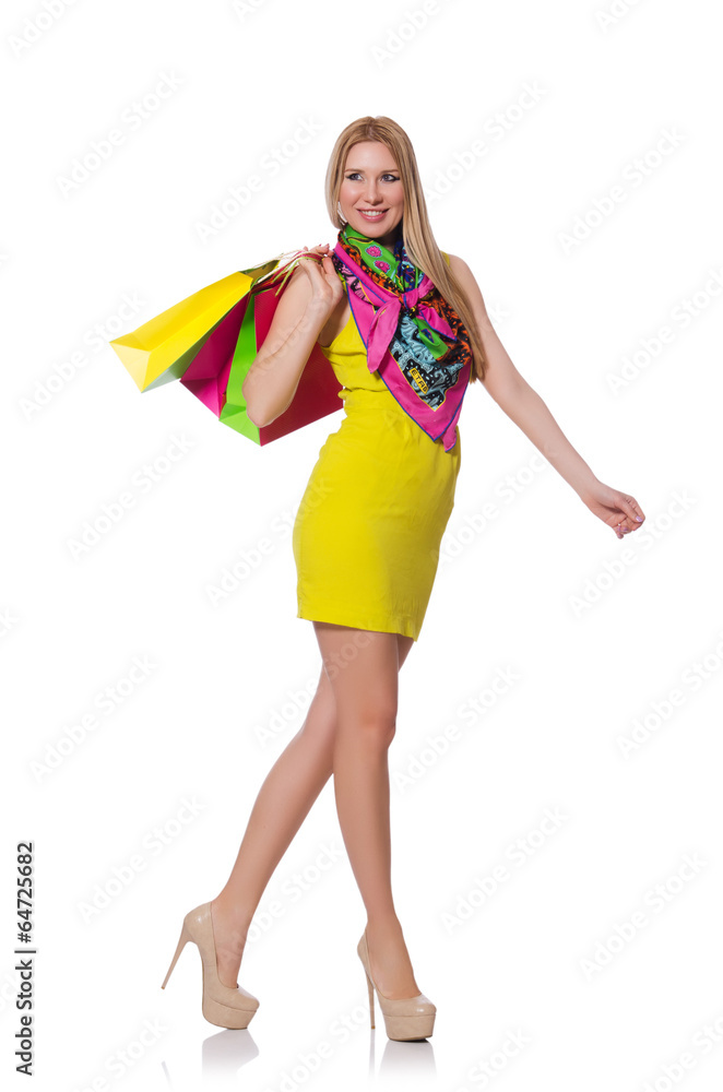 Woman after shopping isolated on the white