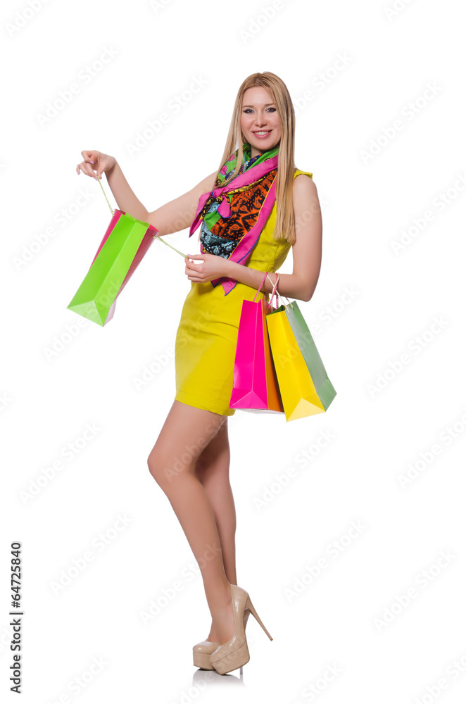 Woman after shopping isolated on the white