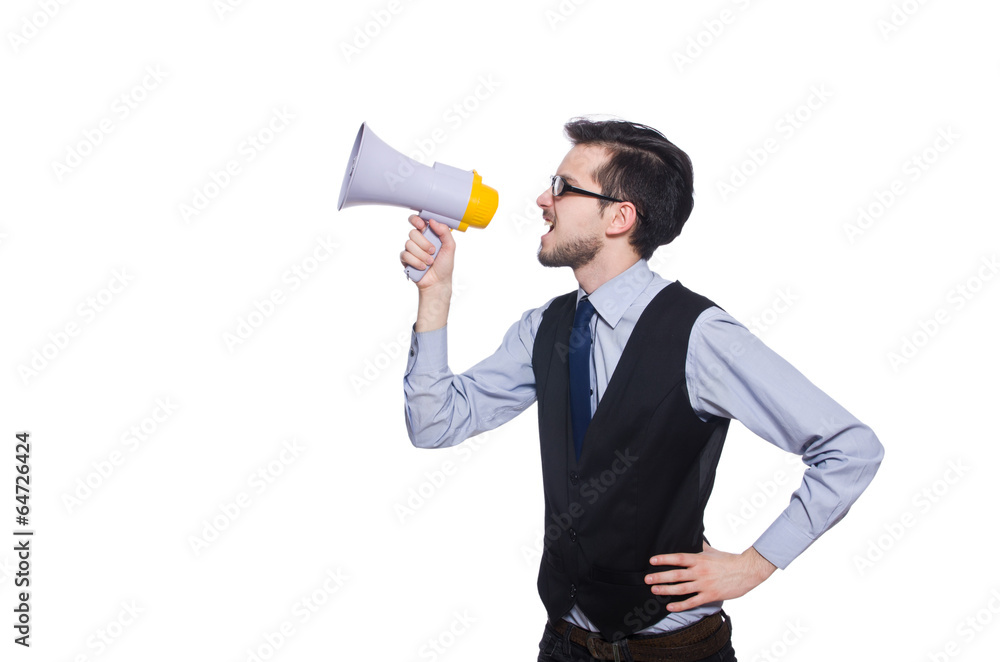 Young businessman with loudspeaker on white Young businessman with loudspeaker on white