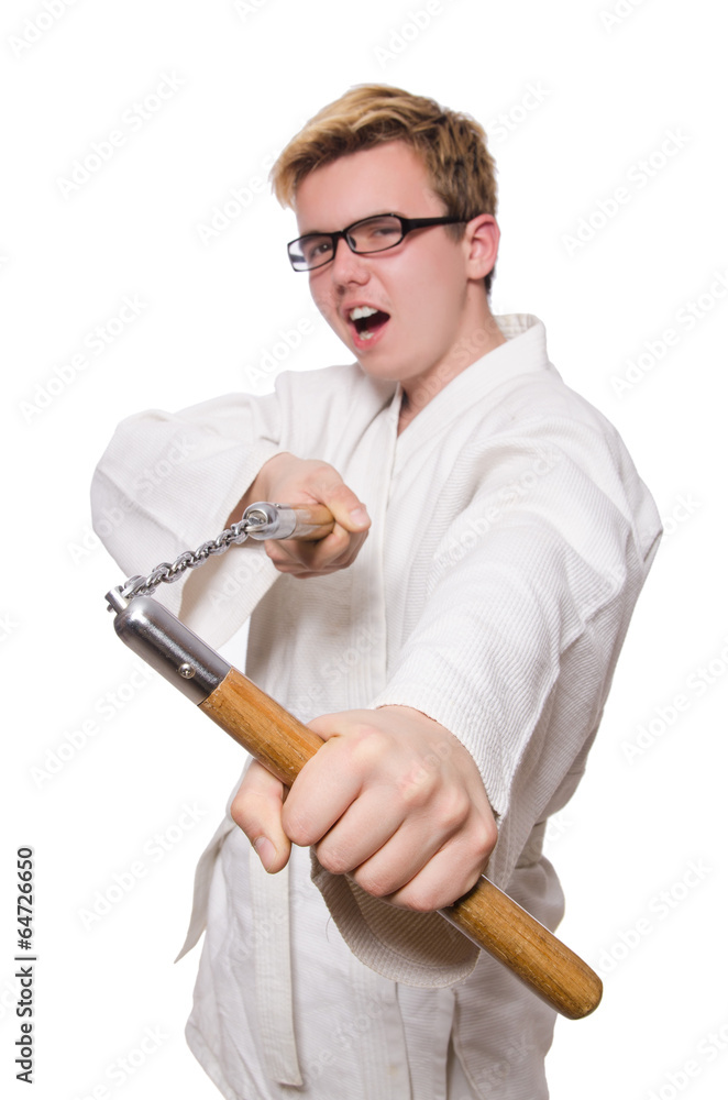Funny karate fighter with nunchucks on white Funny karate fighter with nunchucks on white