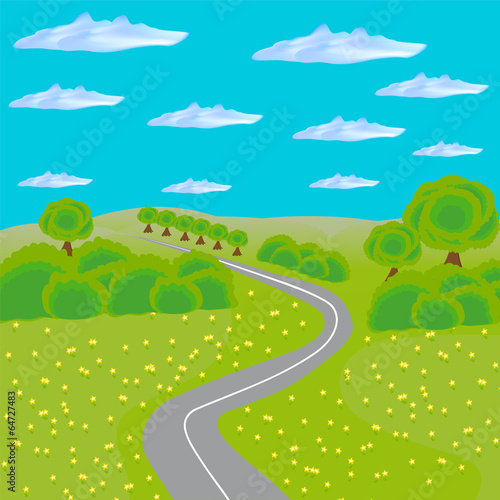 landscape with road through field and forest