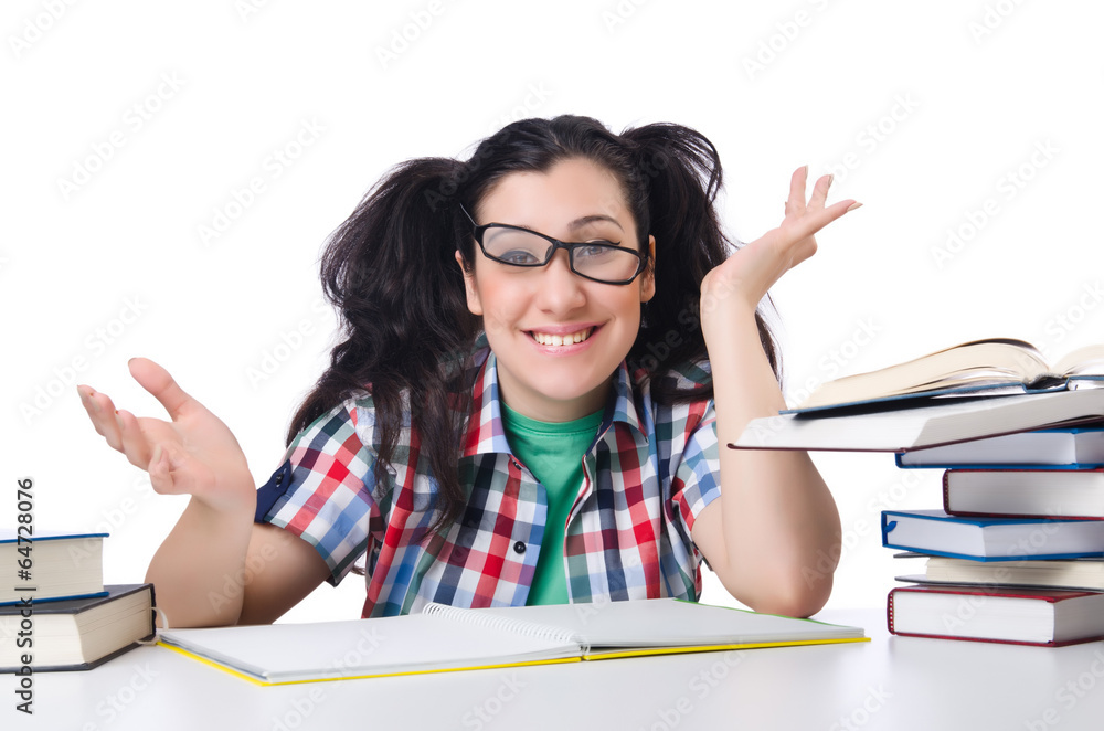 Tired student with textbooks on white Tired student with textbooks on white
