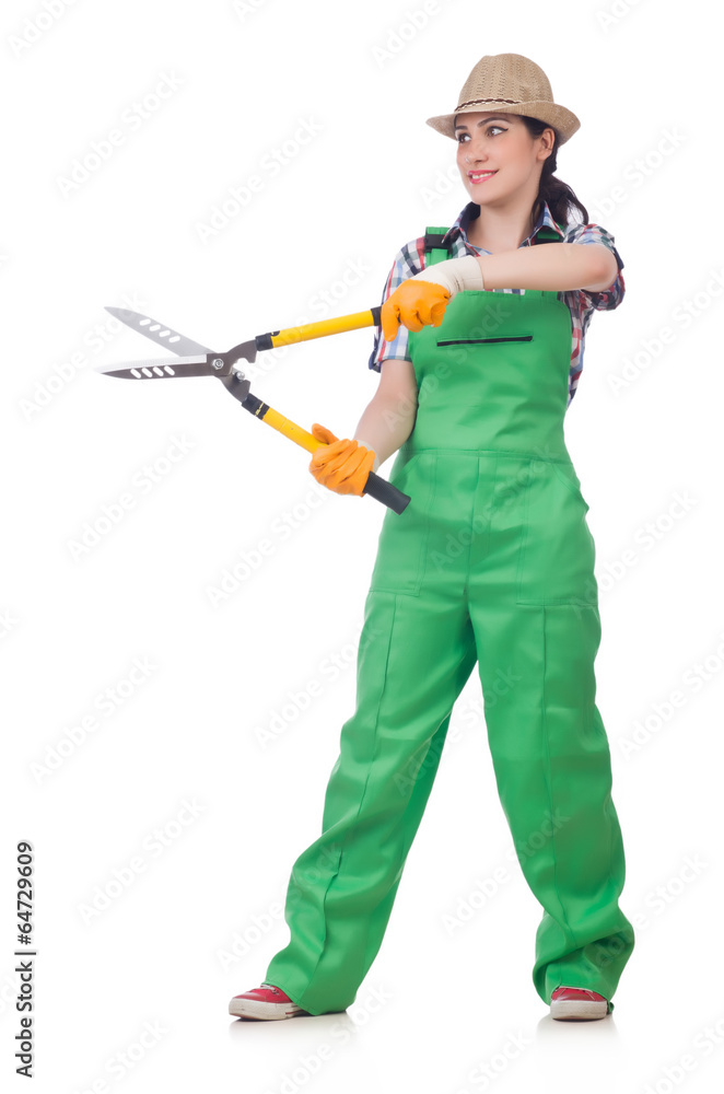 Young woman with shears on white Young woman with shears on white
