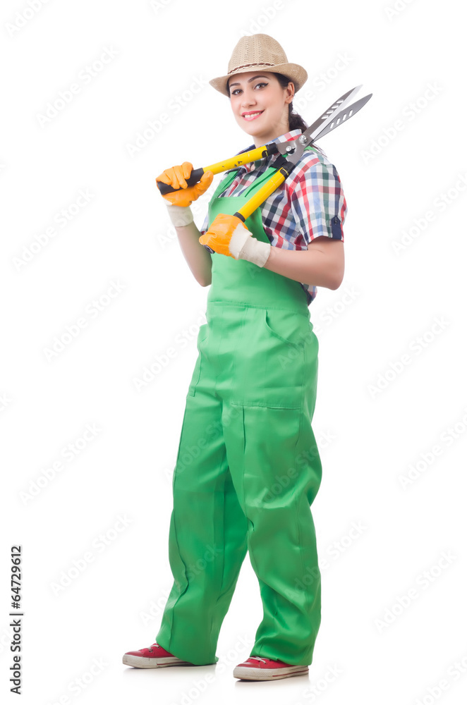 Young woman with shears on white Young woman with shears on white