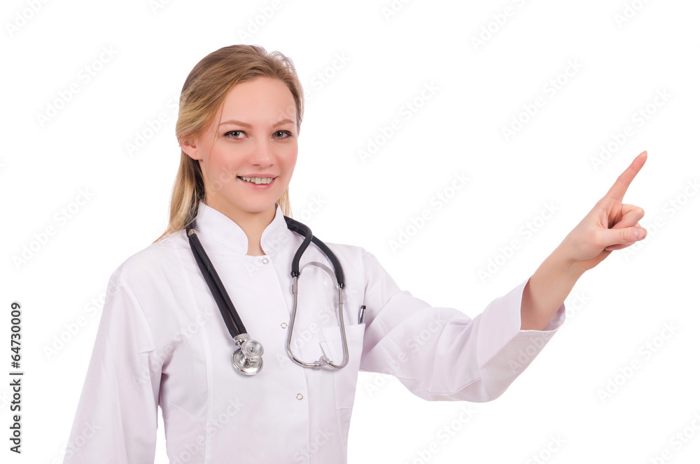 Woman doctor pressing virtual button Woman doctor pressing virtual button