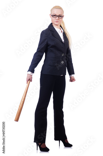 Businesswoman with baseball bat on white © Elnur
