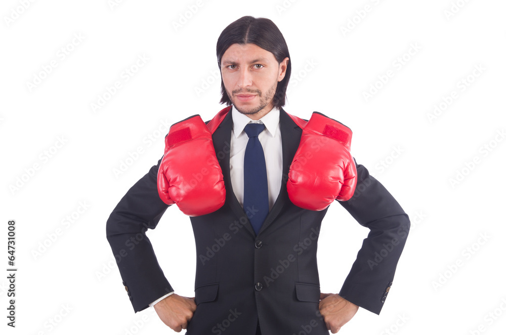 Businessman with boxing gloves on white Businessman with boxing gloves on white