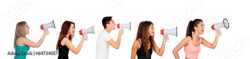 Group of five young with megaphones