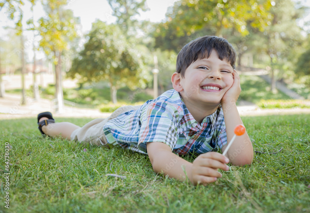Young Boy Enjoying His Lollipop Outdoors Laying on Grass Young Boy Enjoying His Lollipop Outdoors Laying on Grass